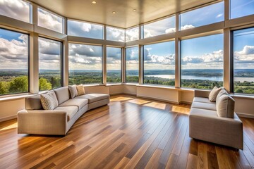 Fototapeta premium peaceful, natural light., relax, bay window, interior design, modern, empty, empty lounge, panoramic lounge, sunlight, Empty modern lounge area with large bay window Panoramic