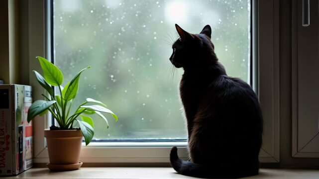 A black cat sits on a pan and looks out the window