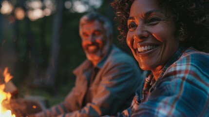 Friends gather by a campfire, sharing laughs and stories under the starry summer night sky.