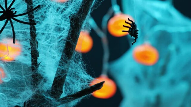 A little spider caught in a spider web. Halloween. Brightly colored pumpkins. Spider web and spiders. Background