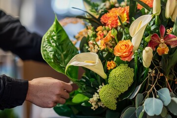 An independent florist arranging a thoughtful bouquet for a special occasion. The florist is adding personalized touches, Generative AI