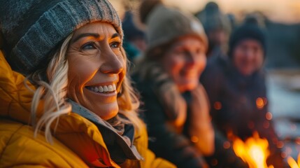 Obraz premium Smiling friends cozy up by a campfire, wrapped in warm clothes and surrounded by a frosty winter evening.
