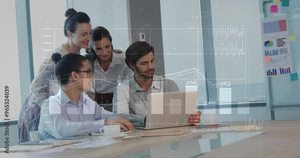 Poster animation of financial data processing over diverse colleagues discussing work in office