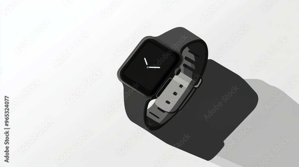 Poster black smartwatch with white hands and digital display on white background
