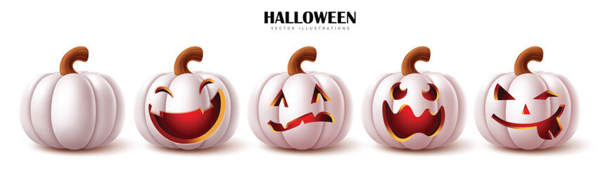 Halloween white jack o lantern pumpkins set vector design. Halloween pumpkins elements with  facial expressions like cute, funny, spooky, creepy and scary lantern decoration. Vector illustration 