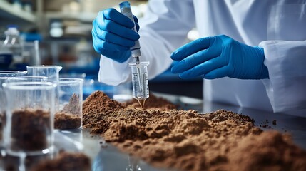 A technician in a lab tests soil pH level with a glass electrode meter, with various soil samples prepared