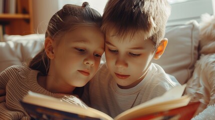 A sister lovingly guides her younger brother through the pages of a beloved book.