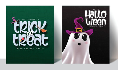 Halloween trick or treat poster set design. Halloween greeting text in green and black empty space spooky background with ghost character wearing witch hat invitation card collection. Vector 