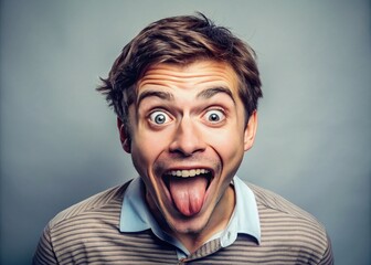 A playful individual showcases a ridiculously exaggerated facial expression, crossed eyes, and a tongue-out pose,