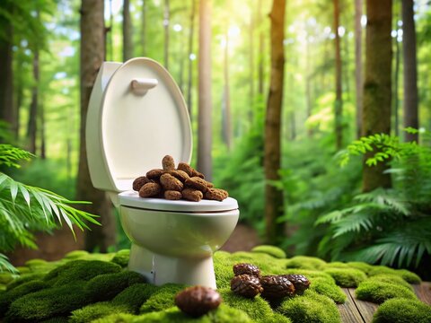A playful pile of brown, squishy, and irregularly-shaped droppings on a pristine white toilet seat, surrounded by a
