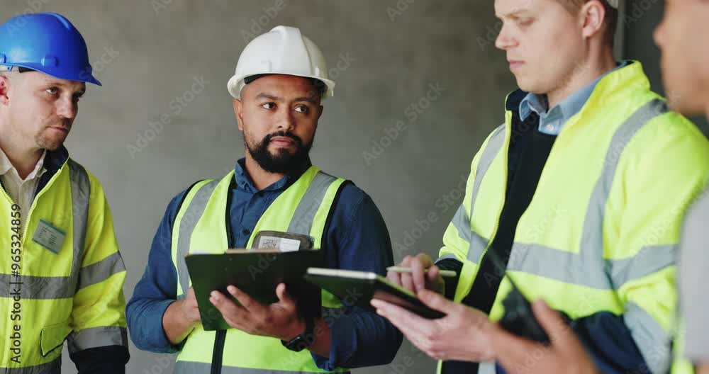 Poster checklist, planning and engineering with people on construction site for project management, propert