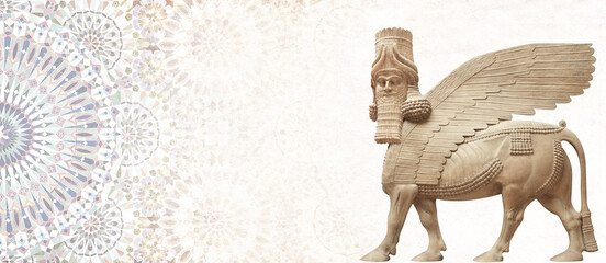 Grunge background with stucco texture, ancient tile ornament and stone statue of lamassu....