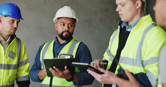 Checklist, planning and engineering with people on construction site for project management, property development and building inspection. Architecture, renovation and contractor with group of men