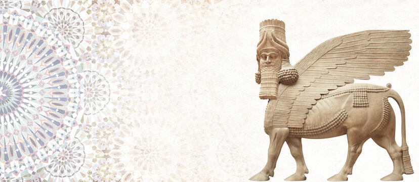 Grunge background with stucco texture, ancient tile ornament and stone statue of lamassu. Horizontal banner with assyrian protective deity - human-headed winged bull. Copy space for text