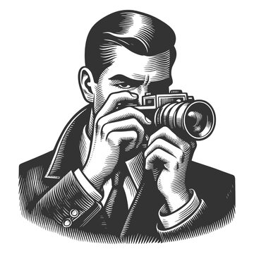 recommend clip art: spy paparazzi detective photographer, classic noir style sketch engraving generative ai fictional character raster illustration. Scratch board imitation. Black and white image.
