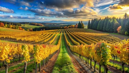 Fototapeta premium Dundee Oregon Vineyard During Fall Season Panorama Worm s Eye View, grapevine, worm's eye view, rural, countryside, aerial view, wine grapes,dundee oregon, panoramic landscape, nature