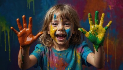 A young child is wearing a stained tank top and has colorful paint on their hands