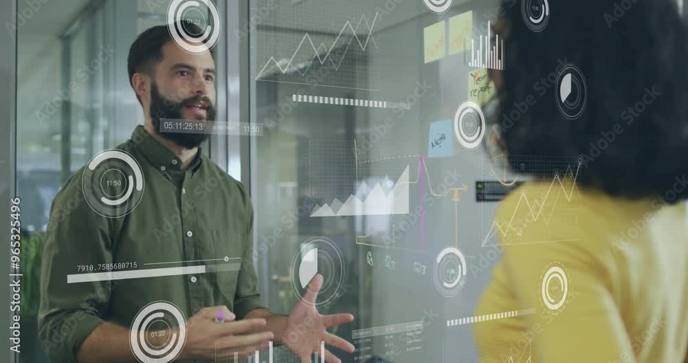 Poster animation of financial data processing over diverse colleagues discussing work in office