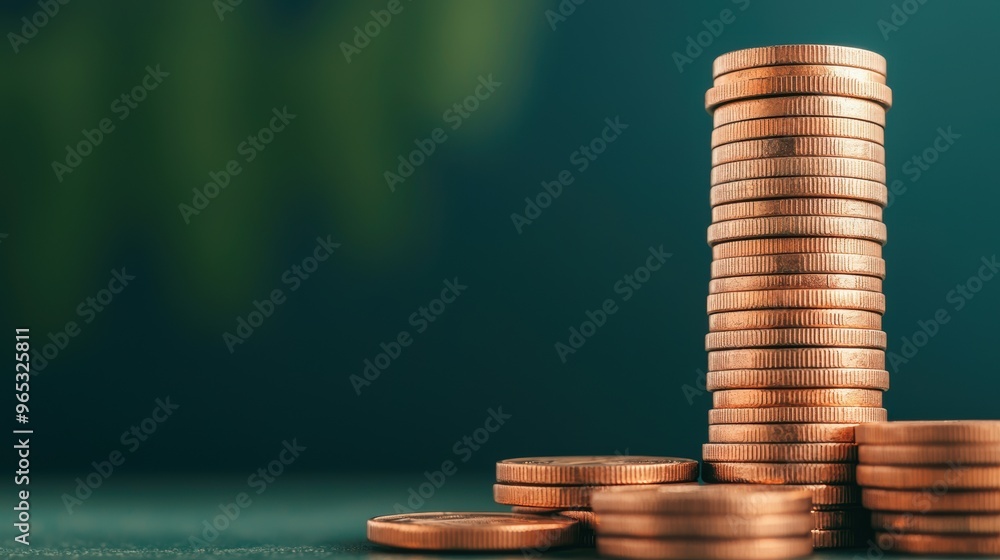 Poster coin wealth graph in with copy space, selective focus on foreground - for financial concepts