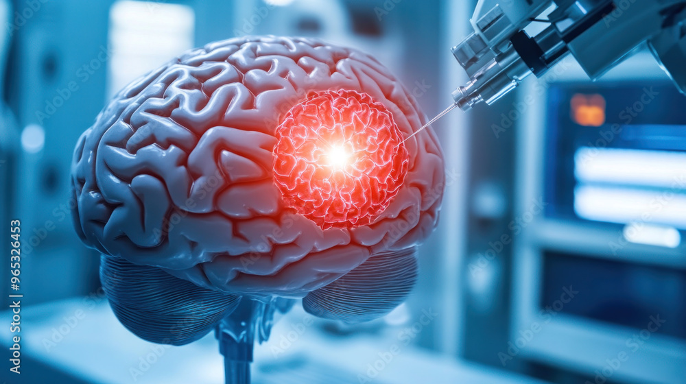 Poster a brain with a red spot on it is being operated on by a robot. the robot is using a needle to inject