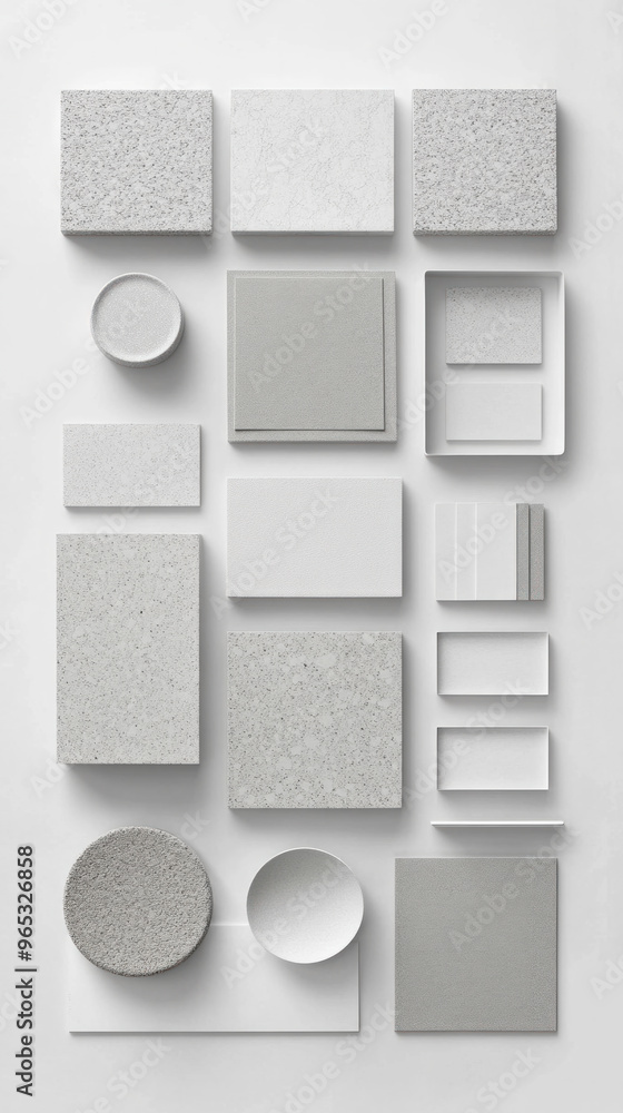 Poster a white and gray tile wall with a variety of shapes and sizes. the tiles are arranged in a way that 