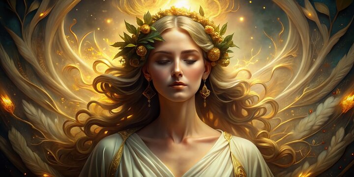 A serene, golden-lit goddess stands amidst fluttering drapes, laurel wreath atop her cascading curls, surrounded by