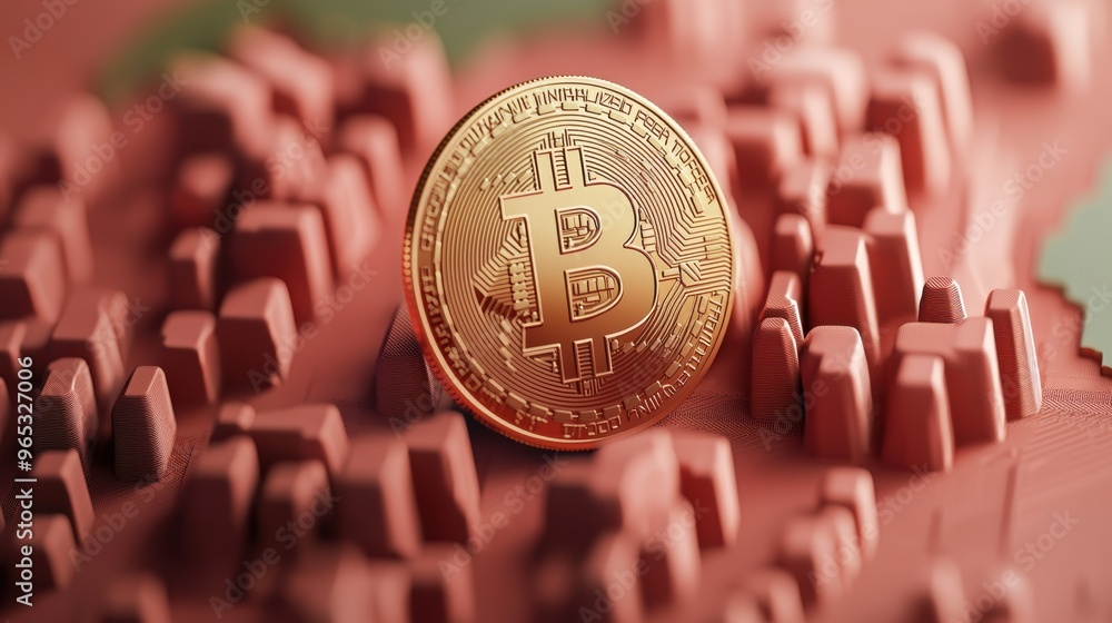 Aufkleber Glowing Cryptocurrency Holographic Financial Rise Abstract Design in with Selective Focus on Copy Space, Futuristic Data Visualization Concept