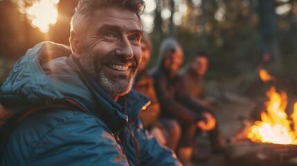 Friends are enjoying a peaceful autumn evening around a campfire, sharing warm memories.