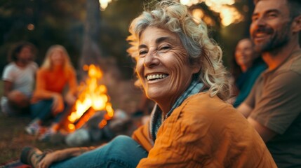 Obraz premium Friends share a cozy campfire on an autumn night, their faces glowing with happiness and warmth.