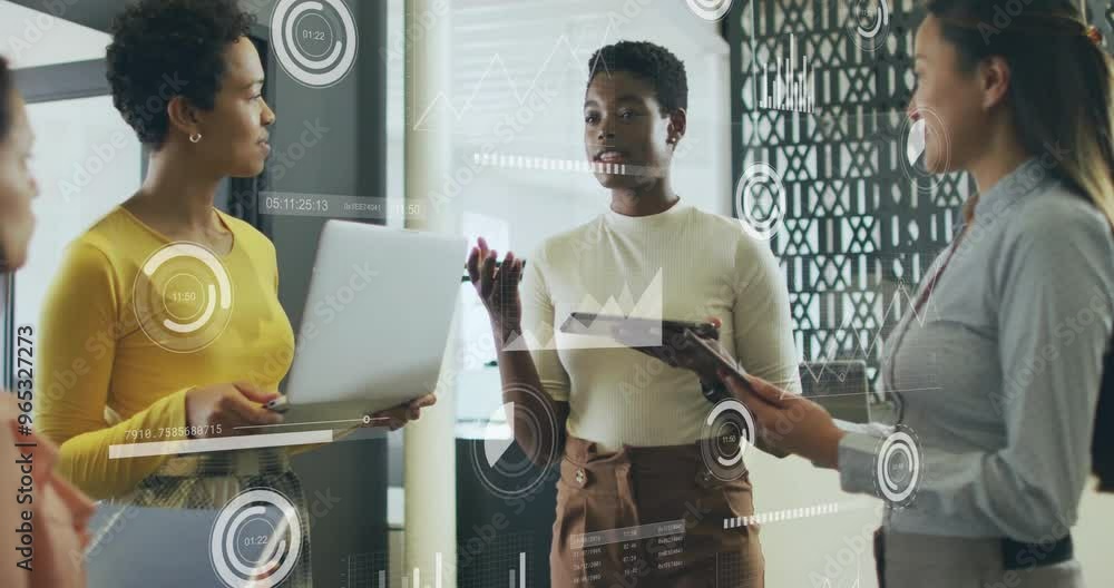 Poster animation of financial data processing over diverse colleagues discussing work in office