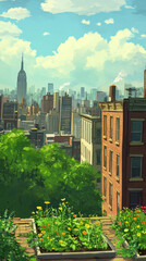 Fototapeta premium A painting of a city with a tall building in the background. The sky is blue and there are clouds. The painting has a peaceful and serene mood