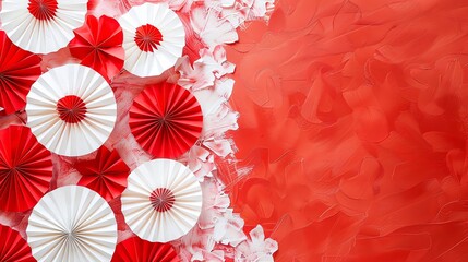 Obraz premium Delicate red and white paper fans against a minimalist background, creating a charming, vintage atmosphere with ample blank space for Canada Day text