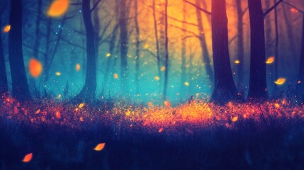Fototapeta premium A magical forest at dusk, with vibrant colors and floating leaves creating an enchanting atmosphere.