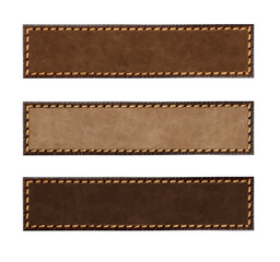 Set of leather belt of brown color. Collection of leather tags with decorative borders. Isolated on...
