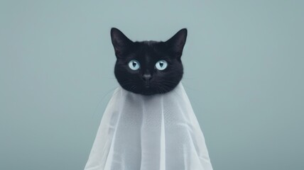 Obraz premium A black cat with striking light blue eyes draped in white fabric, resembling a ghost, against a teal background.