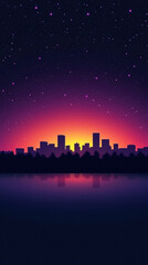 A city skyline is reflected in the water at sunset. The sky is a deep purple and the city is lit up with lights