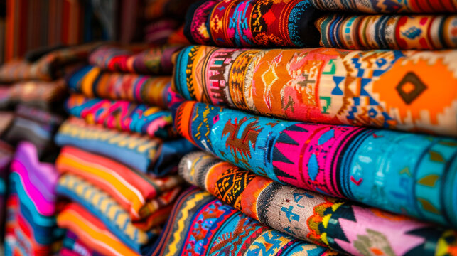 Colorful traditional textiles stacked in a market