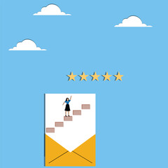 Webpage with woman on ladder in envelope points to rating