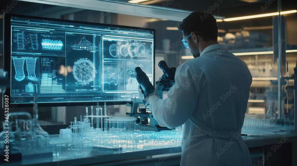 Poster a scientist in laboratory examines data on transparent digital screens, showcasing advanced biotechn