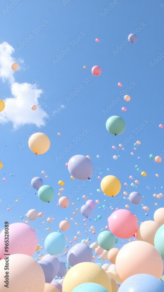 Poster a bunch of colorful balloons are floating in the sky. the balloons are of different colors and sizes