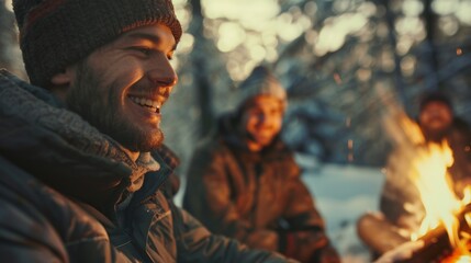 Friends are illuminated by the campfire's glow as they relax in a winter wonderland.