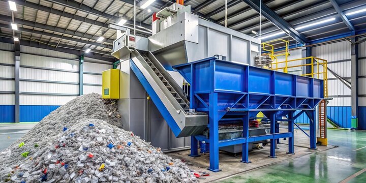 A stock photo of an efficient plastic shredder used for processing plastic waste in an industrial setting, innovation, industrial machinery, recycling