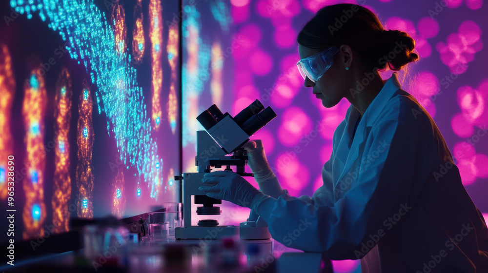 Aufkleber a scientist in high tech biotech lab is analyzing dna with microscope, surrounded by vibrant visuals