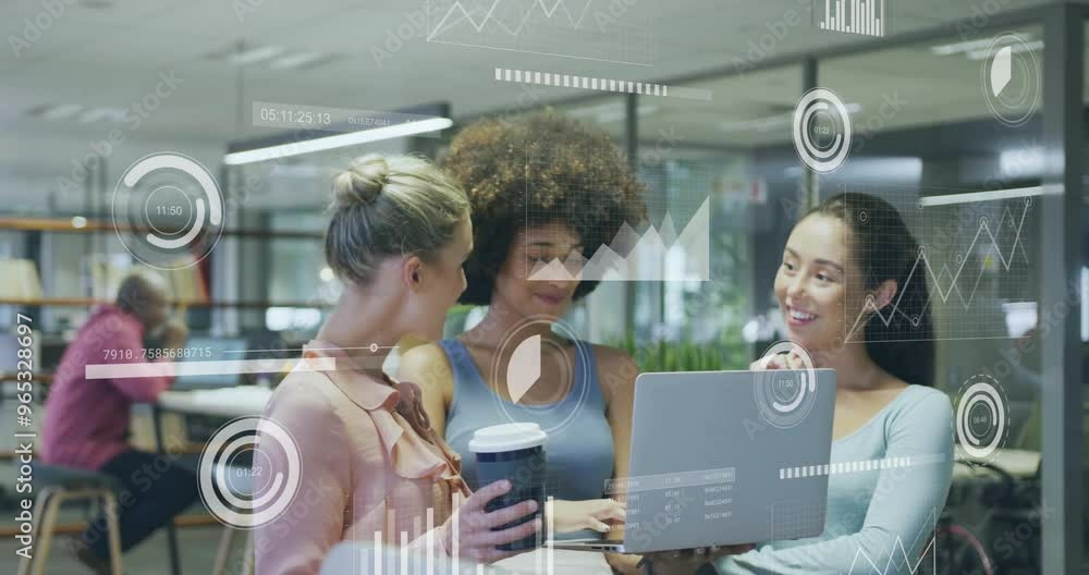 Poster animation of financial data processing over diverse colleagues discussing work in office