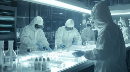 Naklejka premium In high tech laboratory, team of scientists in protective gear meticulously conducts experiments, showcasing their dedication to research and safety