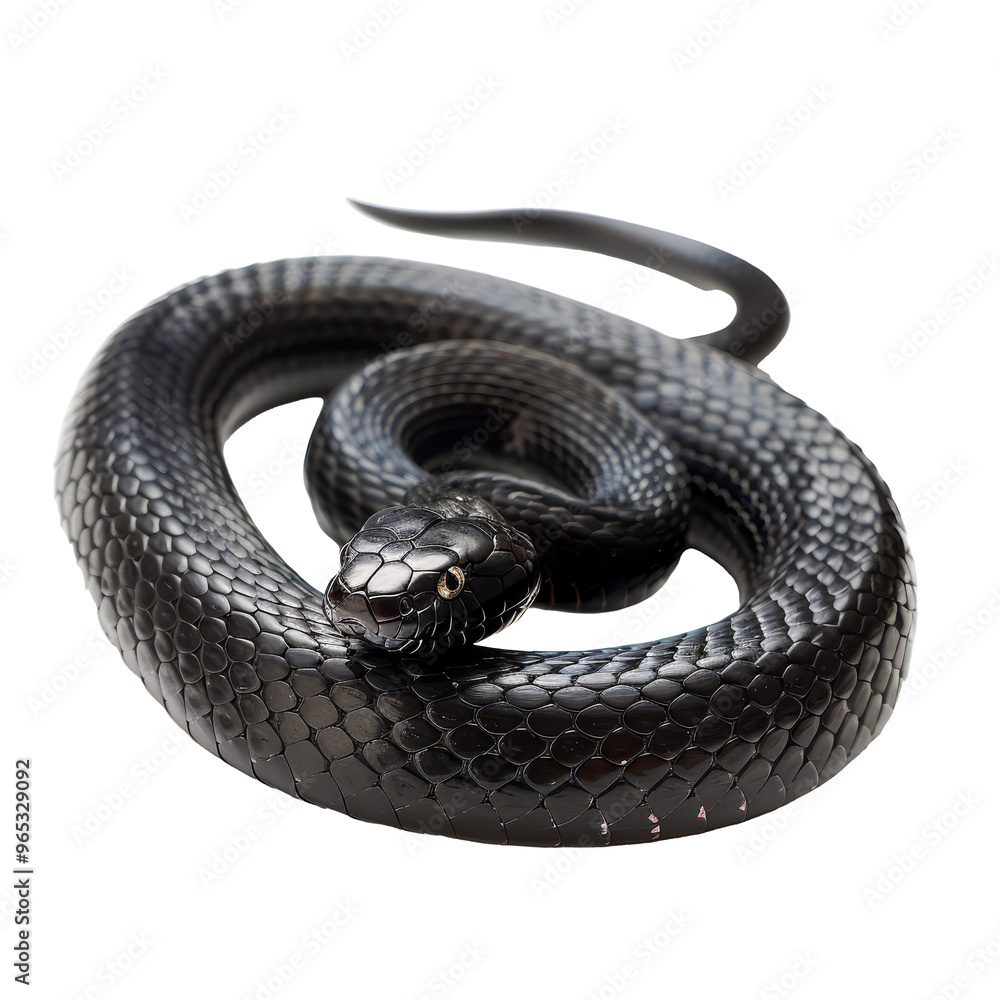 Poster a close-up of a black snake resting on a white surface showcasing its glossy scales and distinct fea