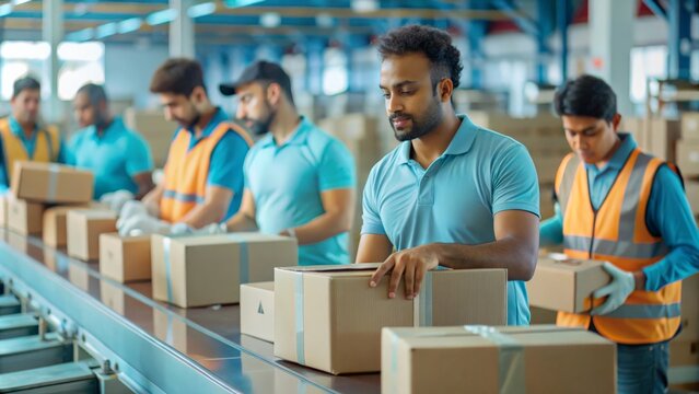 A bustling Indian delivery hub with automated sorting machines and workers processing large volumes of parcels.