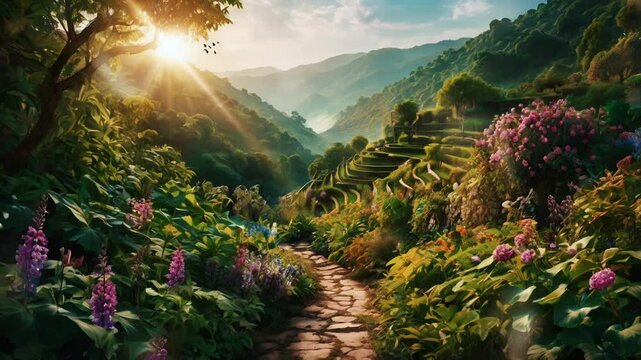 Forest landscape on hill with morning sunlight, smooth looping video 4K 