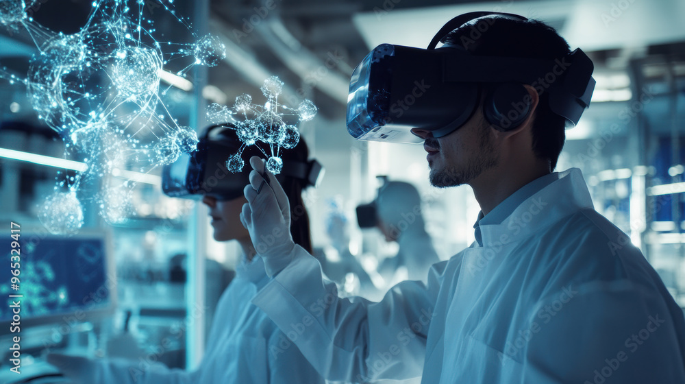 Poster researchers in lab coats are using virtual reality technology to manipulate molecular structures in 