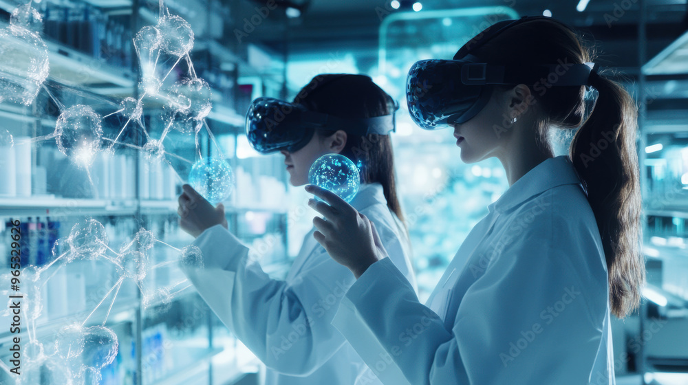 Poster researchers in lab coats are using virtual reality technology to manipulate molecular structures in 